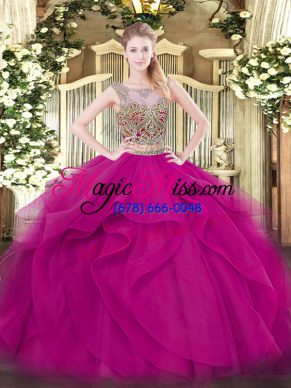 Glamorous Scoop Sleeveless Sweet 16 Dress Floor Length Beading and Ruffles Fuchsia Tulle
