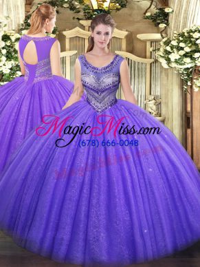 Lavender Lace Up Scoop Beading Sweet 16 Dresses Tulle Sleeveless