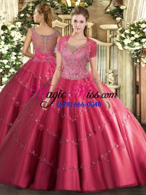 Ball Gowns 15 Quinceanera Dress Hot Pink Scoop Tulle Sleeveless Floor Length Clasp Handle