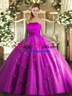 Tulle Strapless Sleeveless Lace Up Appliques Quinceanera Gowns in Fuchsia