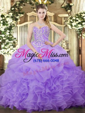 Lilac Organza Lace Up Sweetheart Sleeveless Floor Length Sweet 16 Dresses Beading and Ruffles and Pick Ups