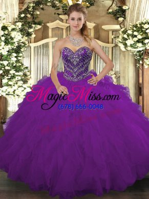 Inexpensive Purple Ball Gowns Tulle Sweetheart Sleeveless Beading and Ruffled Layers Floor Length Lace Up 15 Quinceanera Dress