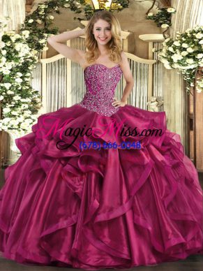 Floor Length Wine Red Sweet 16 Dresses Organza Sleeveless Beading and Ruffles