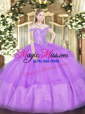 Lavender Ball Gowns Organza Off The Shoulder Sleeveless Beading and Ruffled Layers Floor Length Lace Up 15th Birthday Dress