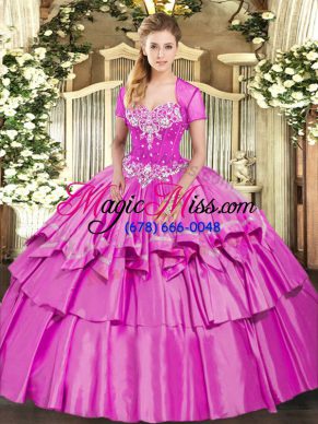 Sleeveless Organza and Taffeta Floor Length Lace Up 15 Quinceanera Dress in Lilac with Beading and Ruffled Layers