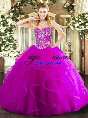 Exceptional Fuchsia Sleeveless Tulle Lace Up Quinceanera Dress for Military Ball and Sweet 16 and Quinceanera