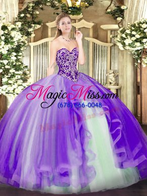 Sumptuous Lavender Ball Gowns Tulle Sweetheart Sleeveless Beading and Ruffles Floor Length Lace Up 15 Quinceanera Dress