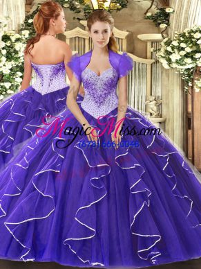 Purple Tulle Lace Up Sweetheart Cap Sleeves Floor Length Vestidos de Quinceanera Beading