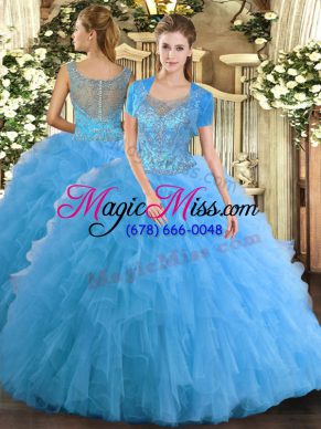 Aqua Blue Clasp Handle Quinceanera Gown Beading and Ruffled Layers Sleeveless Floor Length