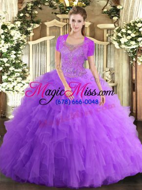 Admirable Lavender Scoop Neckline Beading and Ruffled Layers Quinceanera Gowns Sleeveless Clasp Handle