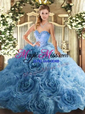 Sleeveless Fabric With Rolling Flowers Floor Length Lace Up 15th Birthday Dress in Aqua Blue with Beading