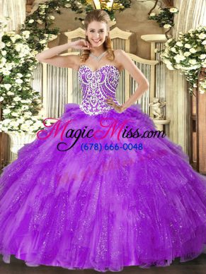 Tulle Sweetheart Sleeveless Lace Up Beading and Ruffles Sweet 16 Dresses in Lavender