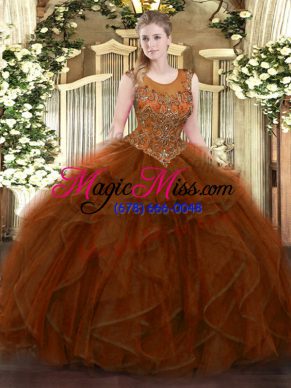 Sophisticated Brown Tulle Zipper Ball Gown Prom Dress Sleeveless Floor Length Beading and Ruffles