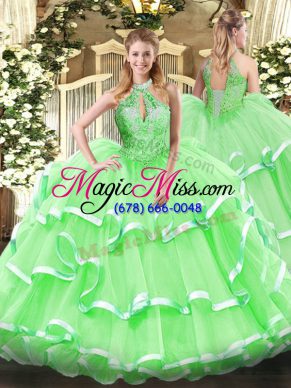 Top Selling Organza Lace Up Halter Top Sleeveless Floor Length Sweet 16 Quinceanera Dress Beading and Ruffles