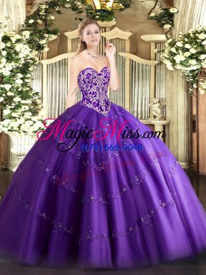 Fashionable Purple Zipper Sweetheart Beading and Appliques 15th Birthday Dress Tulle Sleeveless