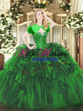 Graceful Sleeveless Organza Floor Length Lace Up Quinceanera Dress in Green with Beading and Ruffles