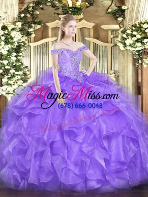 Lavender Sweet 16 Quinceanera Dress Military Ball and Sweet 16 and Quinceanera with Beading and Ruffles Off The Shoulder Sleeveless Lace Up