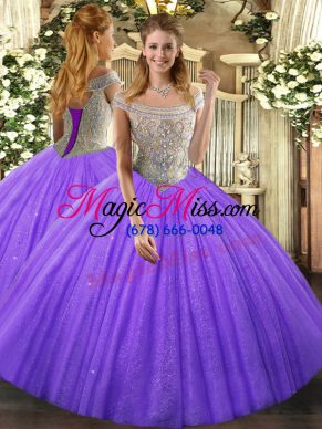 Lavender Ball Gowns Tulle Off The Shoulder Sleeveless Beading Floor Length Lace Up Ball Gown Prom Dress