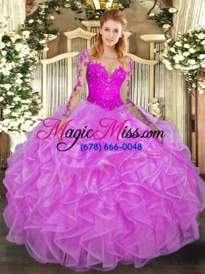 Glittering Lilac Organza Lace Up Quinceanera Dresses Long Sleeves Floor Length Lace and Ruffles