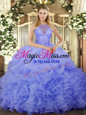 New Style Blue Organza Lace Up Quince Ball Gowns Sleeveless Floor Length Beading and Ruffles and Pick Ups