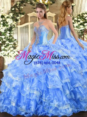 Sleeveless Organza Floor Length Lace Up Vestidos de Quinceanera in Baby Blue with Beading and Ruffled Layers