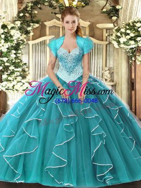 Excellent Teal Ball Gowns Tulle Sweetheart Sleeveless Beading Floor Length Lace Up Ball Gown Prom Dress