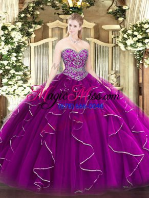 Fuchsia Sweetheart Neckline Beading and Ruffles Quinceanera Dresses Sleeveless Lace Up