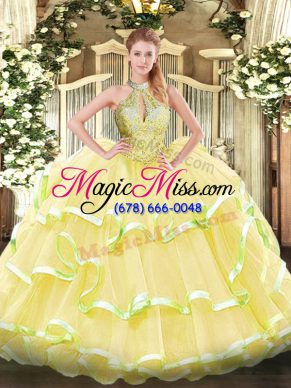 Pretty Yellow 15th Birthday Dress Military Ball and Sweet 16 and Quinceanera with Beading and Ruffled Layers Halter Top Sleeveless Lace Up