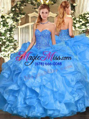 Trendy Floor Length Lace Up Quince Ball Gowns Baby Blue for Military Ball and Sweet 16 and Quinceanera with Beading and Ruffles