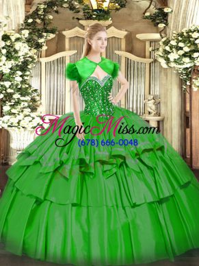 Flare Sweetheart Sleeveless Sweet 16 Dress Floor Length Beading and Ruffled Layers Green Organza and Taffeta