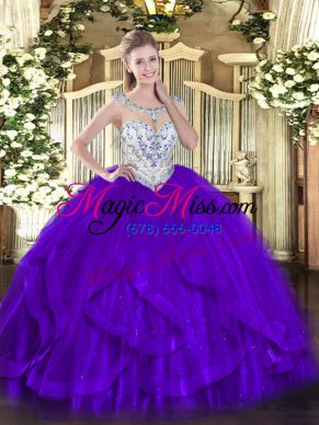 Cute Purple 15th Birthday Dress Military Ball and Sweet 16 and Quinceanera with Beading and Ruffles Scoop Sleeveless Zipper