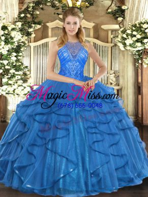 Pretty Sleeveless Lace Up Floor Length Beading and Ruffles Ball Gown Prom Dress