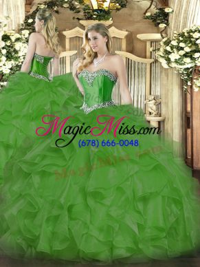 Designer Green Organza Lace Up Sweetheart Sleeveless Floor Length Quince Ball Gowns Beading and Ruffles