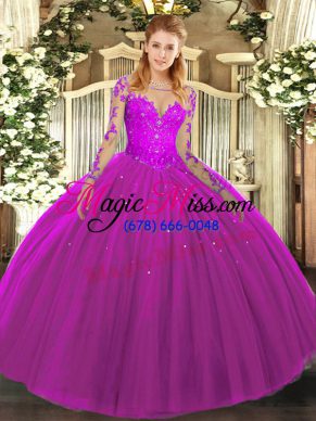 Scoop Long Sleeves Ball Gown Prom Dress Floor Length Lace Fuchsia Tulle