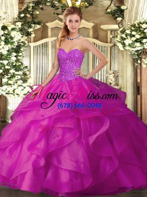 Edgy Fuchsia Sleeveless Floor Length Beading and Ruffles Lace Up Quinceanera Dresses