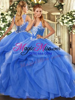 Sweet Blue Sweet 16 Dress Military Ball and Sweet 16 and Quinceanera with Beading and Ruffles Straps Sleeveless Lace Up