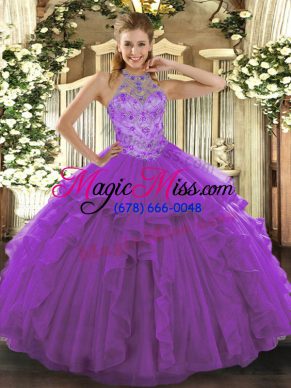 Flirting Purple Organza Lace Up Halter Top Sleeveless Floor Length Sweet 16 Dresses Beading and Embroidery