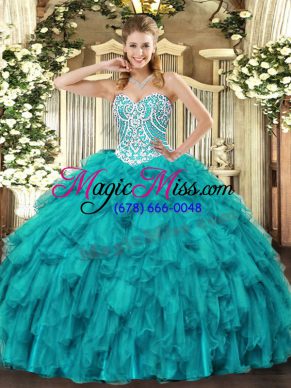 Sweetheart Sleeveless Quinceanera Gowns Floor Length Beading and Ruffles Teal Tulle