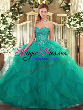 Fitting Turquoise Ball Gowns Beading and Ruffles Vestidos de Quinceanera Lace Up Tulle Sleeveless Floor Length