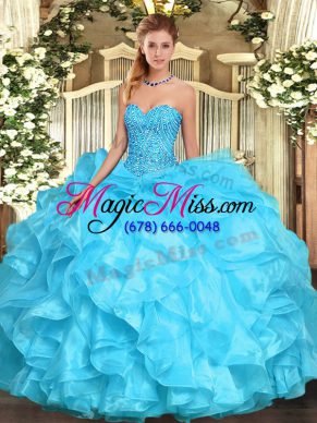 Floor Length Aqua Blue 15th Birthday Dress Sweetheart Sleeveless Lace Up