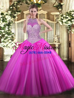 Fuchsia Ball Gowns Halter Top Sleeveless Tulle Floor Length Lace Up Beading 15th Birthday Dress