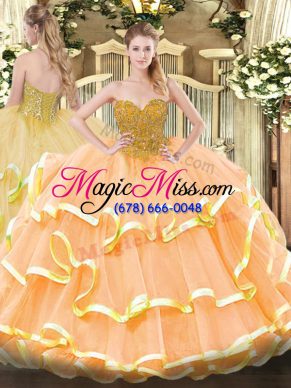 Sweetheart Sleeveless 15th Birthday Dress Floor Length Beading and Ruffled Layers Peach Organza