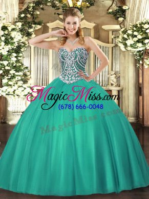 Affordable Turquoise Sweetheart Lace Up Beading Sweet 16 Dresses Sleeveless