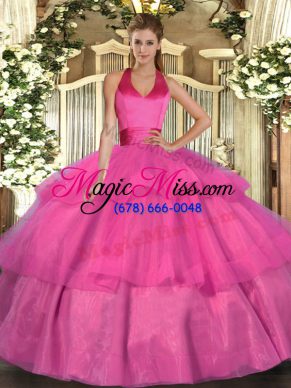 Top Selling Halter Top Sleeveless Lace Up Quinceanera Dresses Fuchsia Tulle
