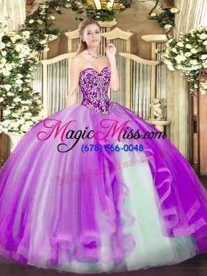 Sleeveless Floor Length Beading and Ruffles Lace Up Quinceanera Dresses with Lilac