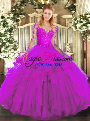 Low Price Fuchsia Long Sleeves Floor Length Lace and Ruffles Lace Up Quinceanera Dresses