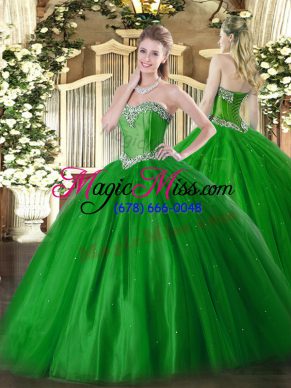 Green Ball Gowns Beading Sweet 16 Dress Lace Up Tulle Sleeveless Floor Length