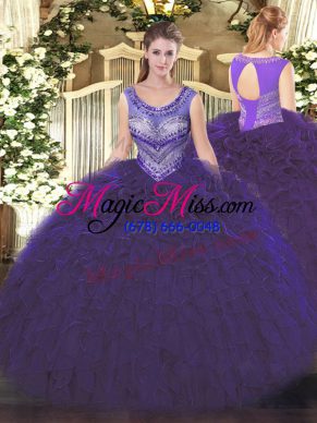 Purple Ball Gowns Beading and Ruffles Quince Ball Gowns Lace Up Organza Sleeveless Floor Length