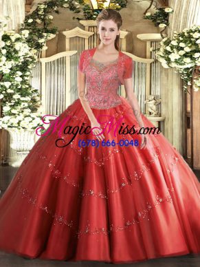 Elegant Scoop Sleeveless Sweet 16 Dress Floor Length Beading Coral Red Tulle