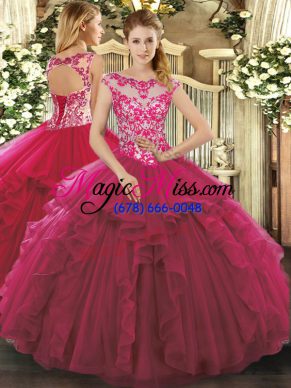 Scoop Sleeveless Quinceanera Dress Floor Length Beading and Ruffles Fuchsia Organza